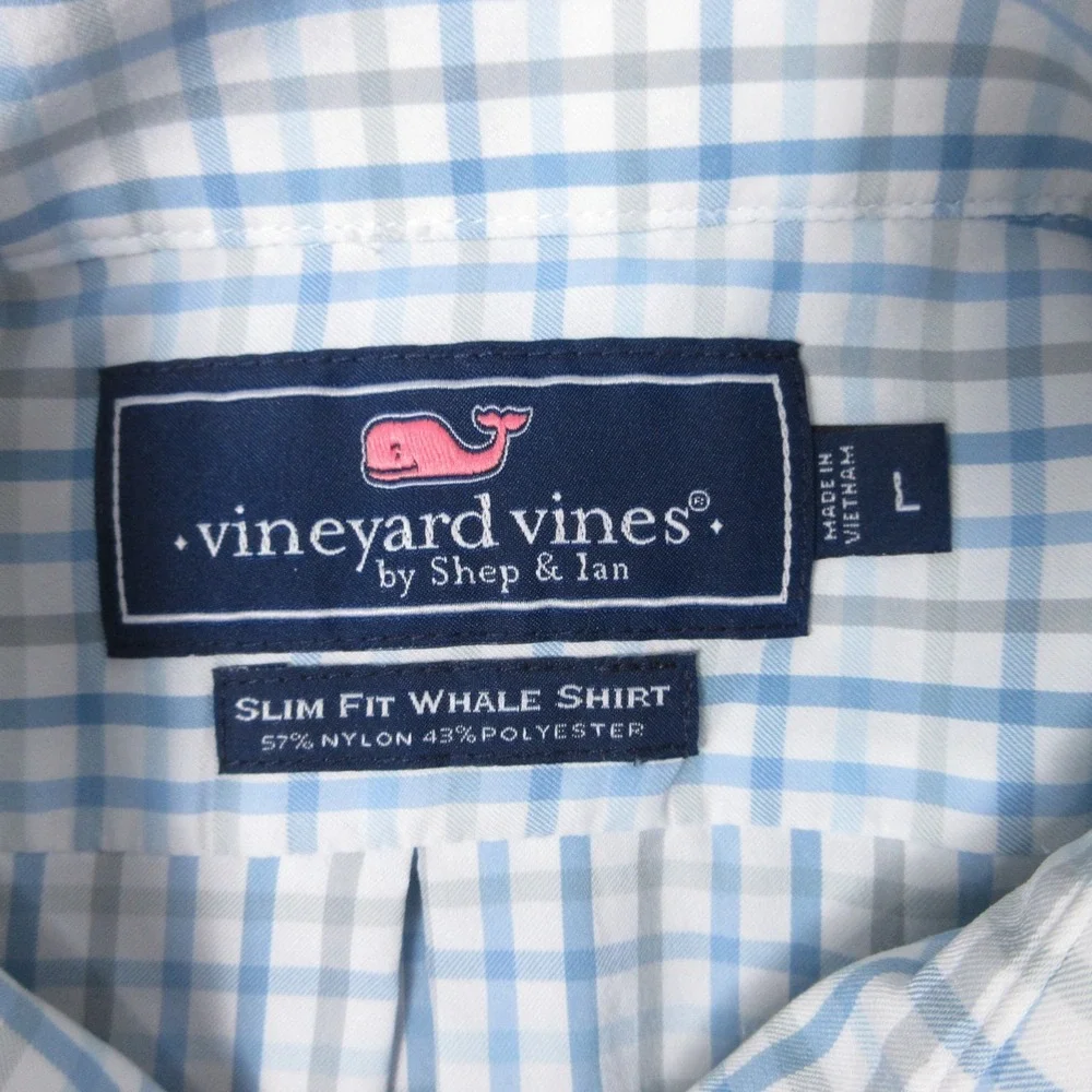 Vineyard Vines Shirt Mens Large Blue Plaid Slim Fit Whale Performance Button Up